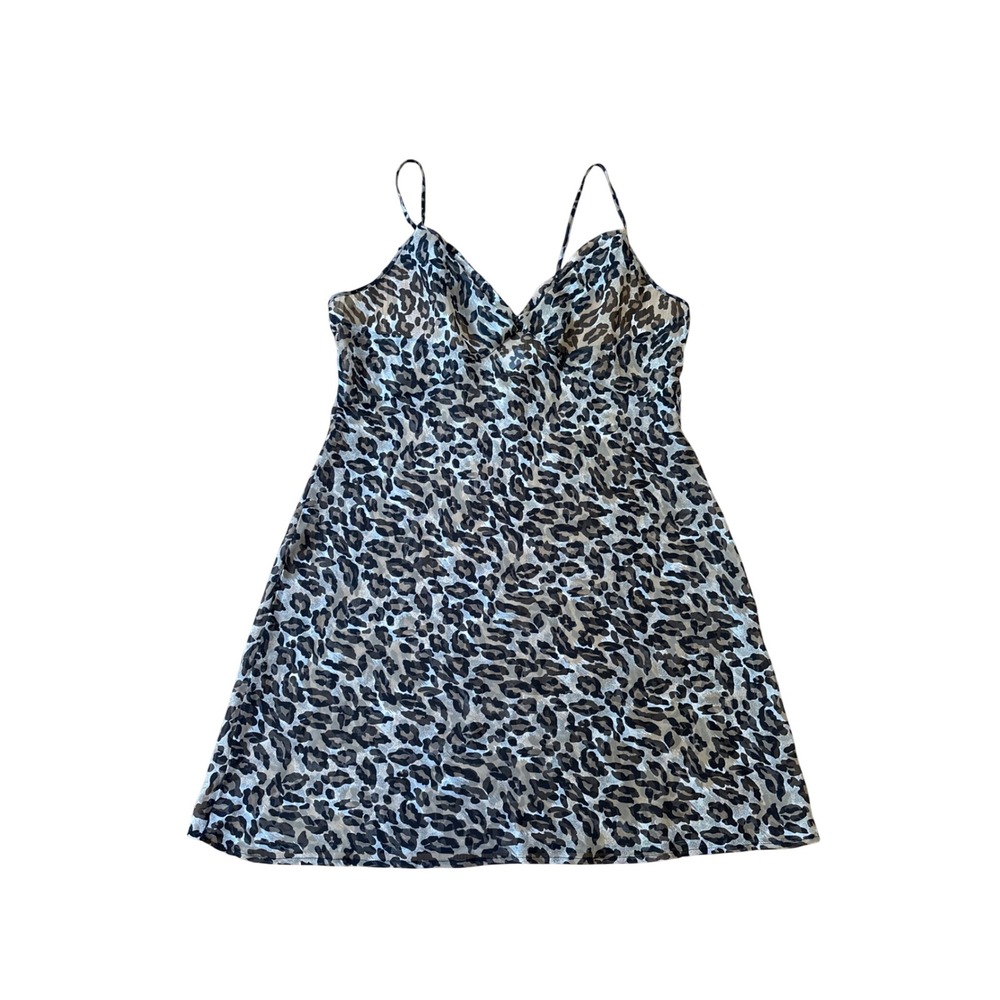 Leopard Print Slip Sheer Dress Women Brown Metallic Mini SIZE XL